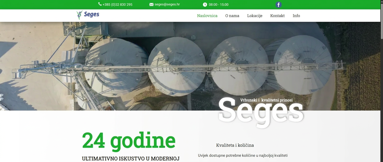 Seges website homepage — silos, information about 24 years of experience and navigation