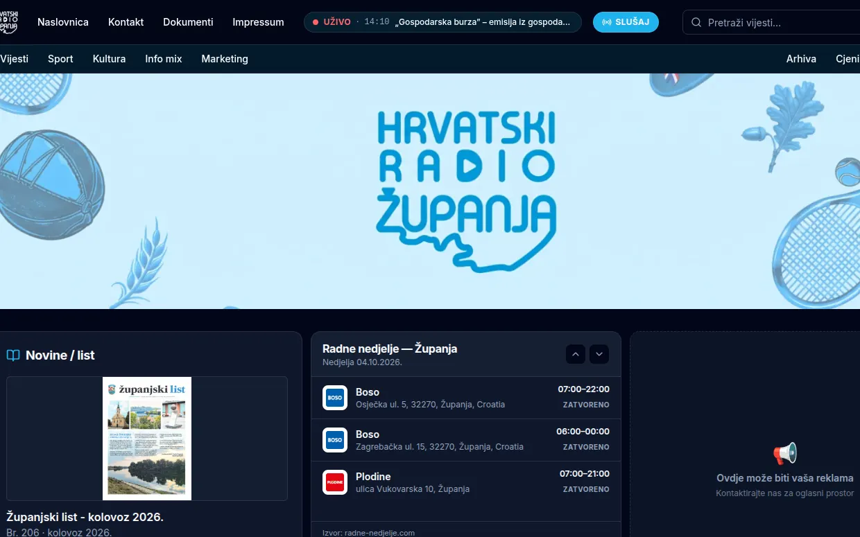 Naslovnica weba Radio Županje — baner s logom te paneli s novostima i rasporedom emitiranja