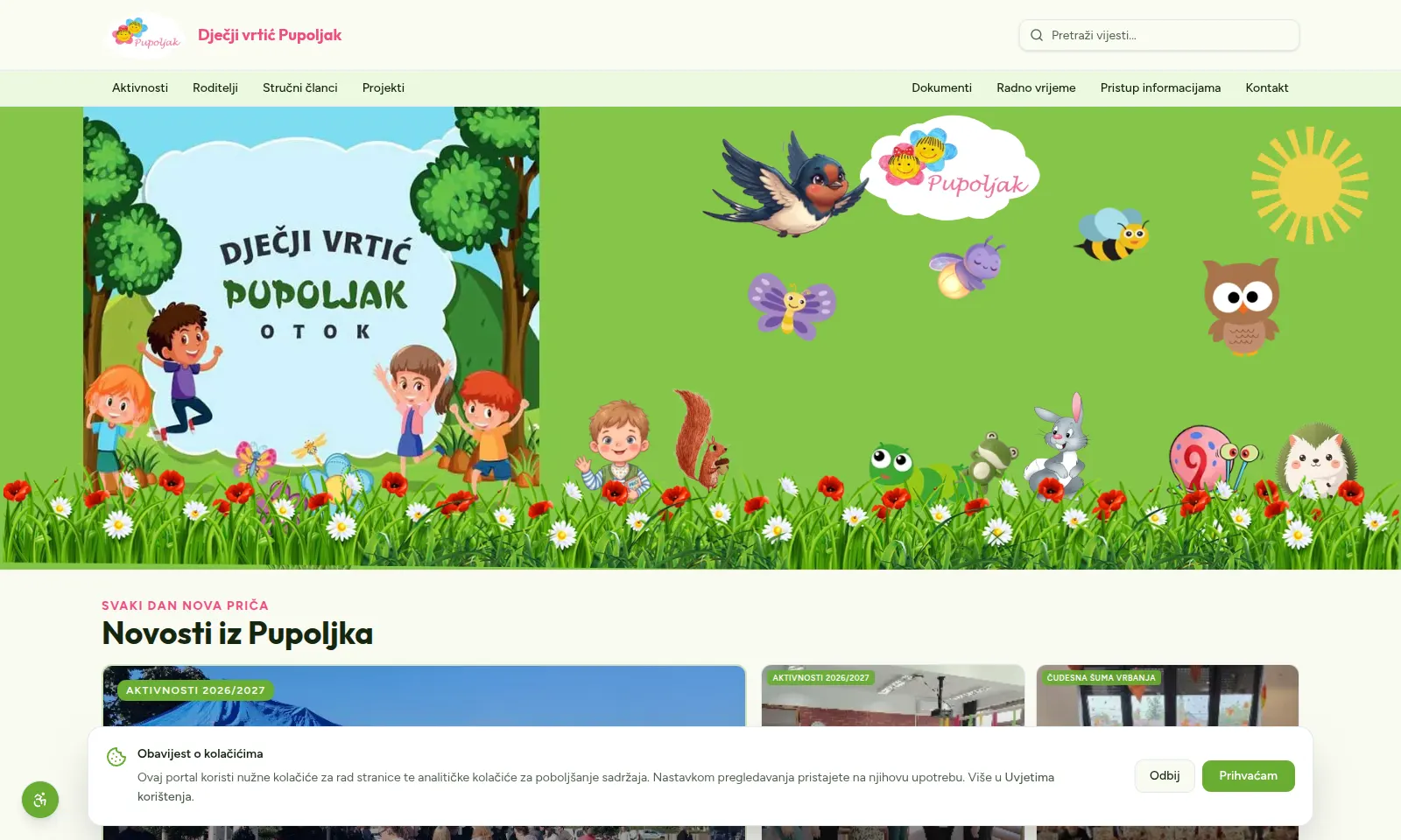 Naslovnica weba Dječjeg vrtića Pupoljak — navigacija, ilustrirani baner s djecom i logom te novosti