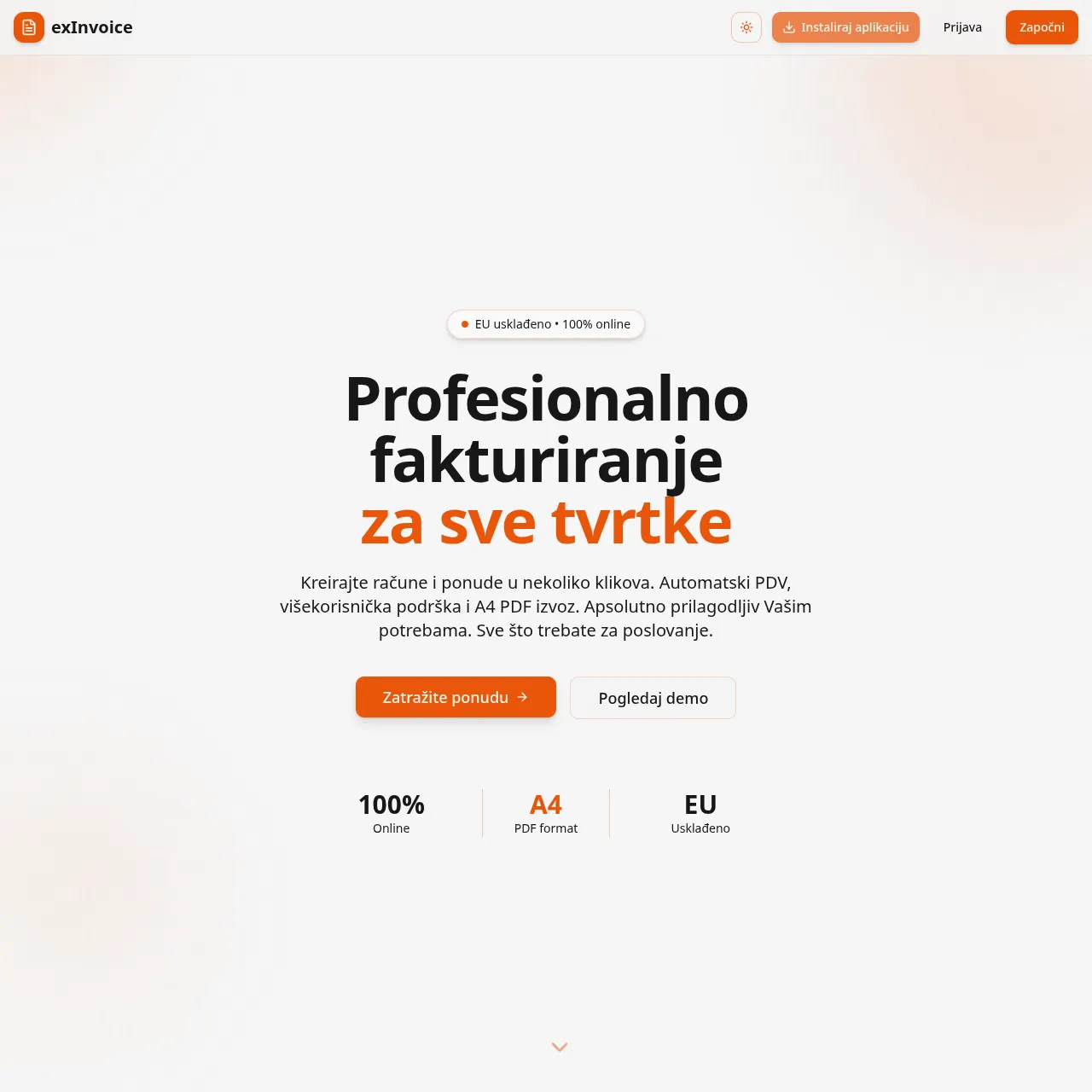 Naslovnica aplikacije exInvoice — pozdravna poruka Profesionalno fakturiranje za sve tvrtke