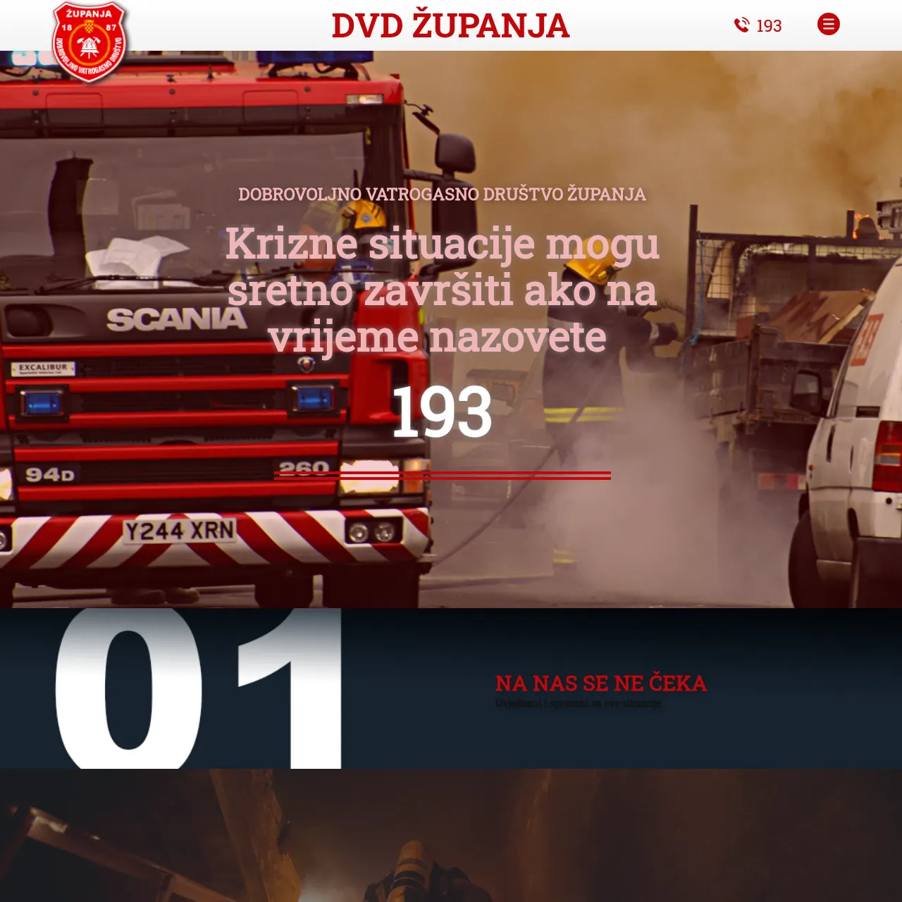 Naslovnica weba DVD Županja — vatrogasno vozilo na akciji s pozivom 193 i naslovom Krizne situacije mogu sretno završiti ako na vrijeme nazovete