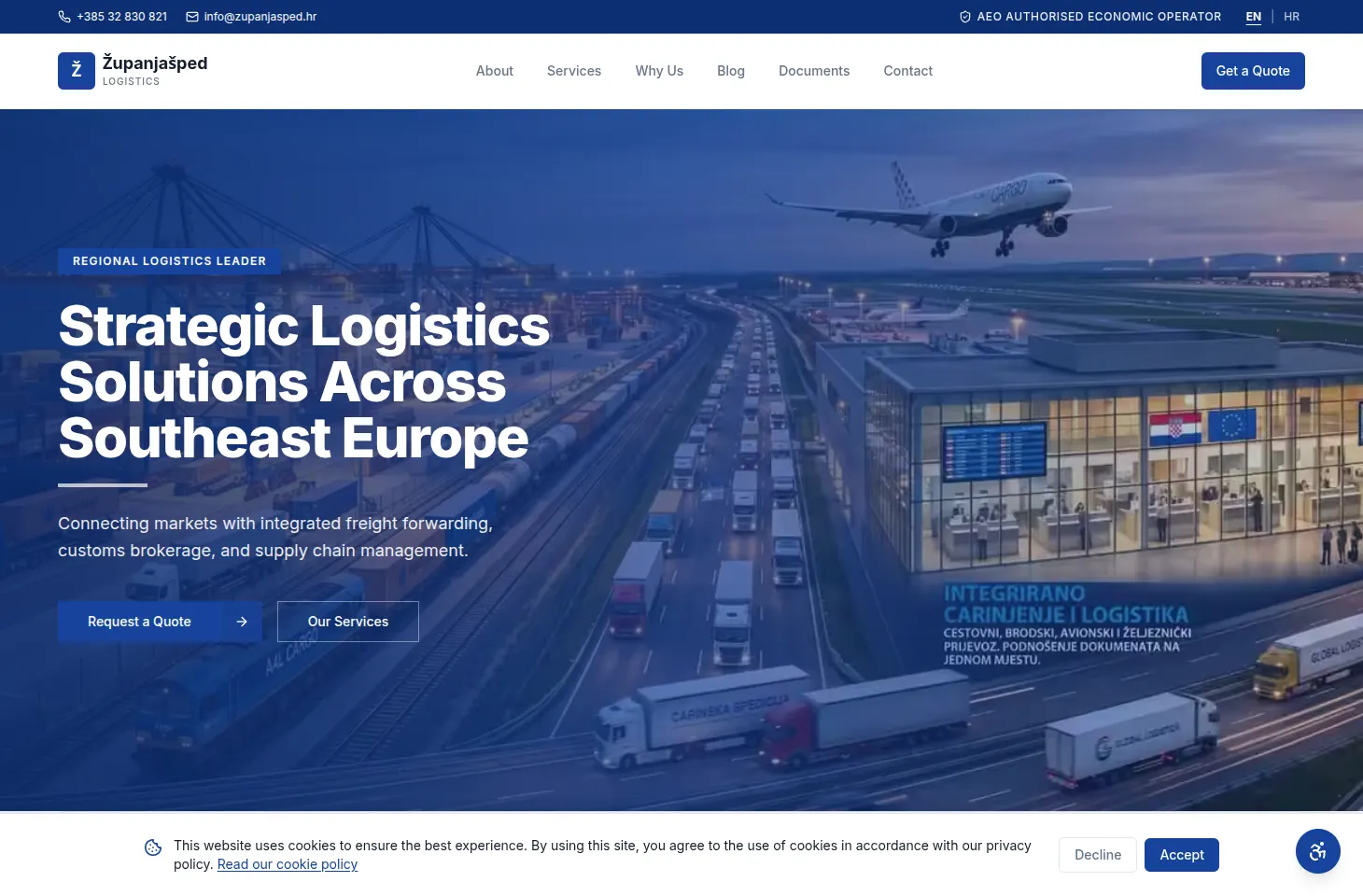Naslovnica weba Županjašped — logistika u plavim tonovima, naslov Strategic Logistics Solutions Across Southeast Europe i zrakoplov nad carinskim terminalom