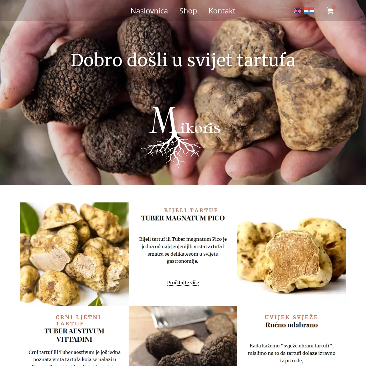 Web shop Mikoriš — cijeli prikaz naslovnice s tartufima, logom i ponudom bijelih i crnih tartufa